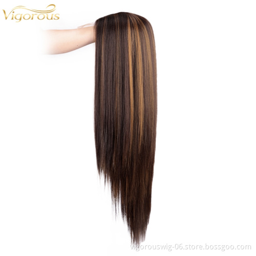 Vigorous Long Straight Synthetic Blend Wig Extension Heat Resistant Highlight Brown Black Women Lace Front Synthetic Hair Wigs